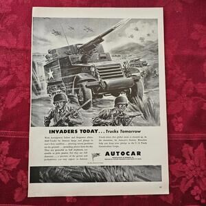 Autocar WWII Half-Track Battle Scene Vintage War Trucks Print Ad – 1943
